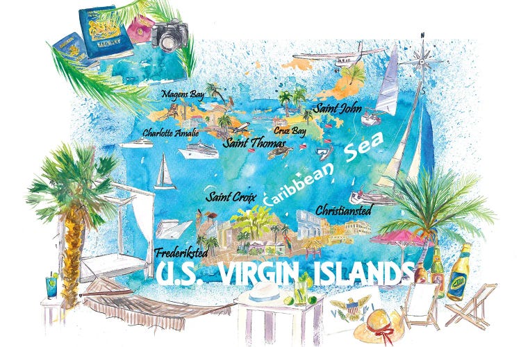 Us Virgin Islands Illustrated Travel Map With Roads And Highlights by Markus & Martina Bleichner wall art