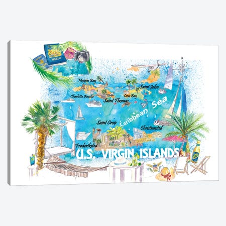 Us Virgin Islands Illustrated Travel Map With Roads And Highlights Canvas Print #MMB479} by Markus & Martina Bleichner Canvas Artwork