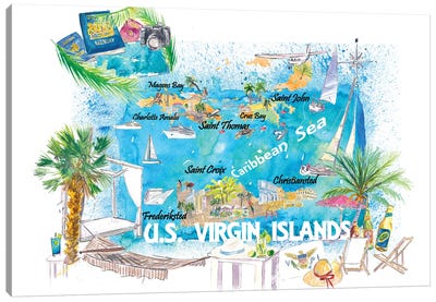 Us Virgin Islands Illustrated Travel Map With Roads And Highlights Canvas Art Print - Markus & Martina Bleichner