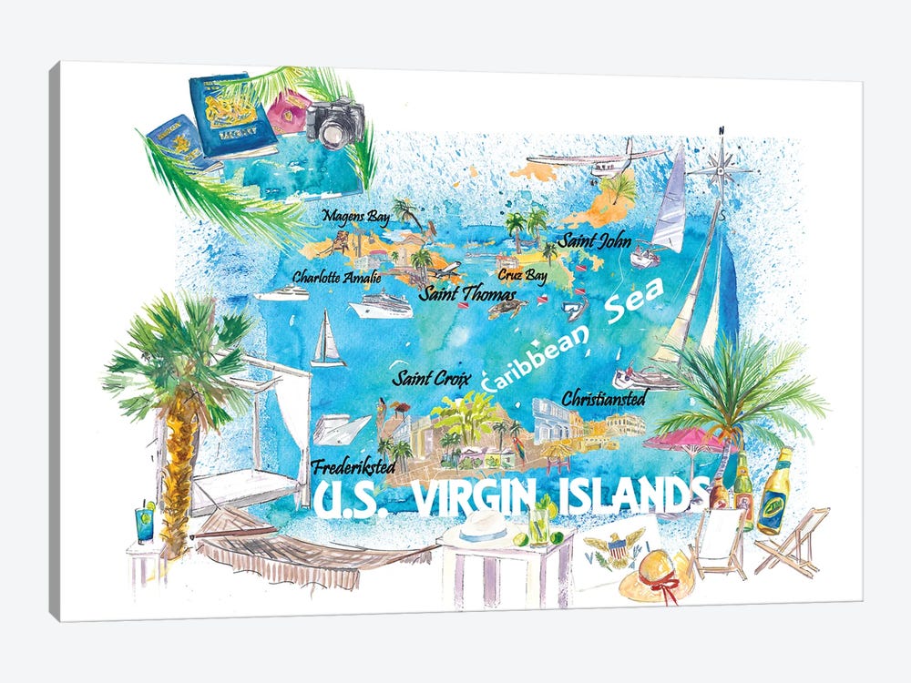Us Virgin Islands Illustrated Travel Map With Roads And Highlights by Markus & Martina Bleichner 1-piece Canvas Wall Art