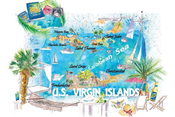 US Virgin Islands: Us Virgin Islands Illustrated Travel Map With Roads And Highlights by Markus & Martina Bleichner