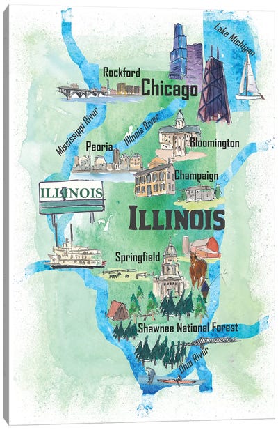 USA, Illinois Illustrated Travel Poster Canvas Art Print - Kids Map Art