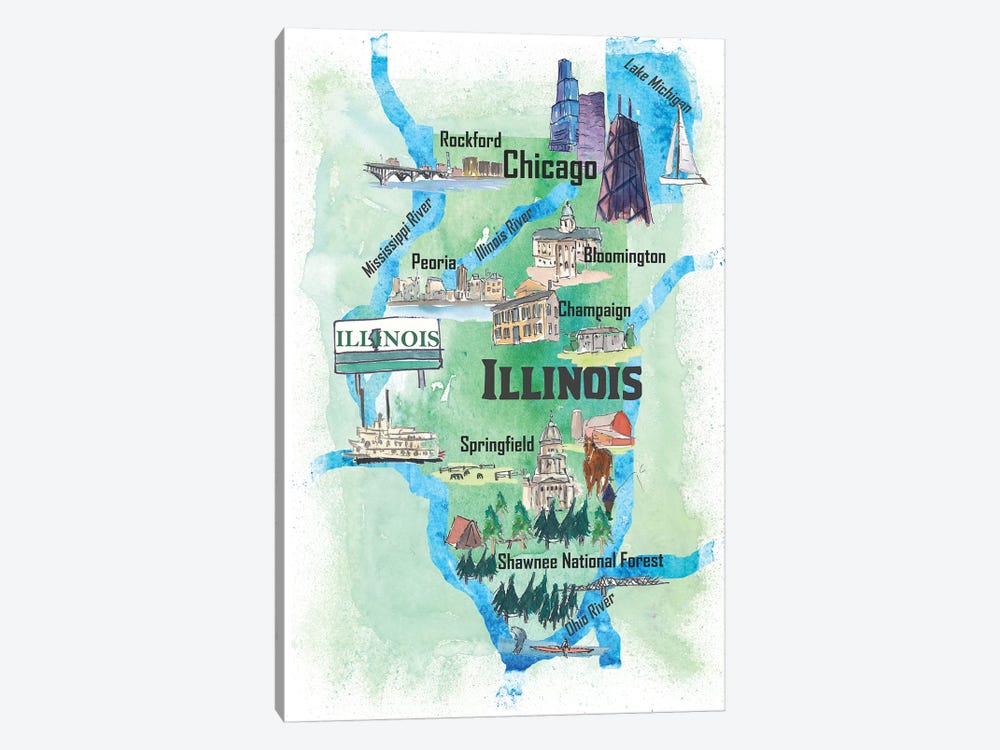 USA, Illinois Illustrated Travel Poster by Markus & Martina Bleichner 1-piece Canvas Artwork