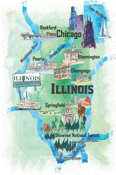 Kids Map Art: USA, Illinois Illustrated Travel Poster by Markus & Martina Bleichner