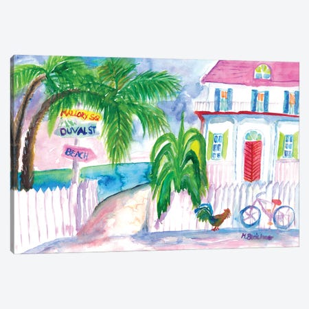 Key West Pink House And Signpost With Bike Canvas Print #MMB480} by Markus & Martina Bleichner Canvas Print