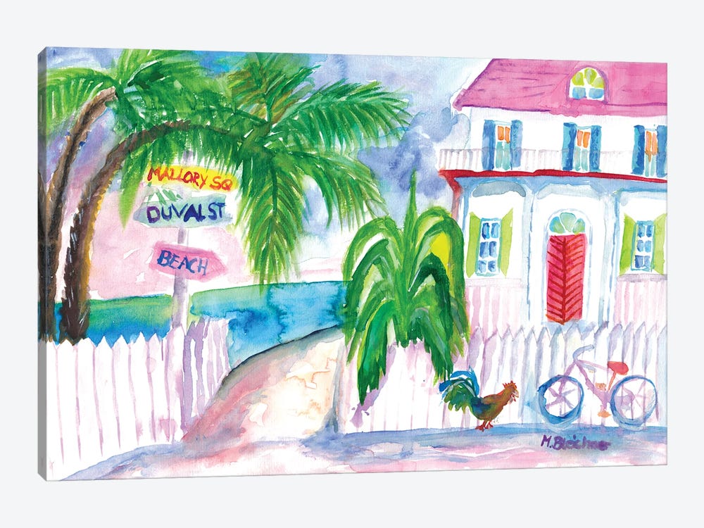 Key West Pink House And Signpost With Bike by Markus & Martina Bleichner 1-piece Canvas Art