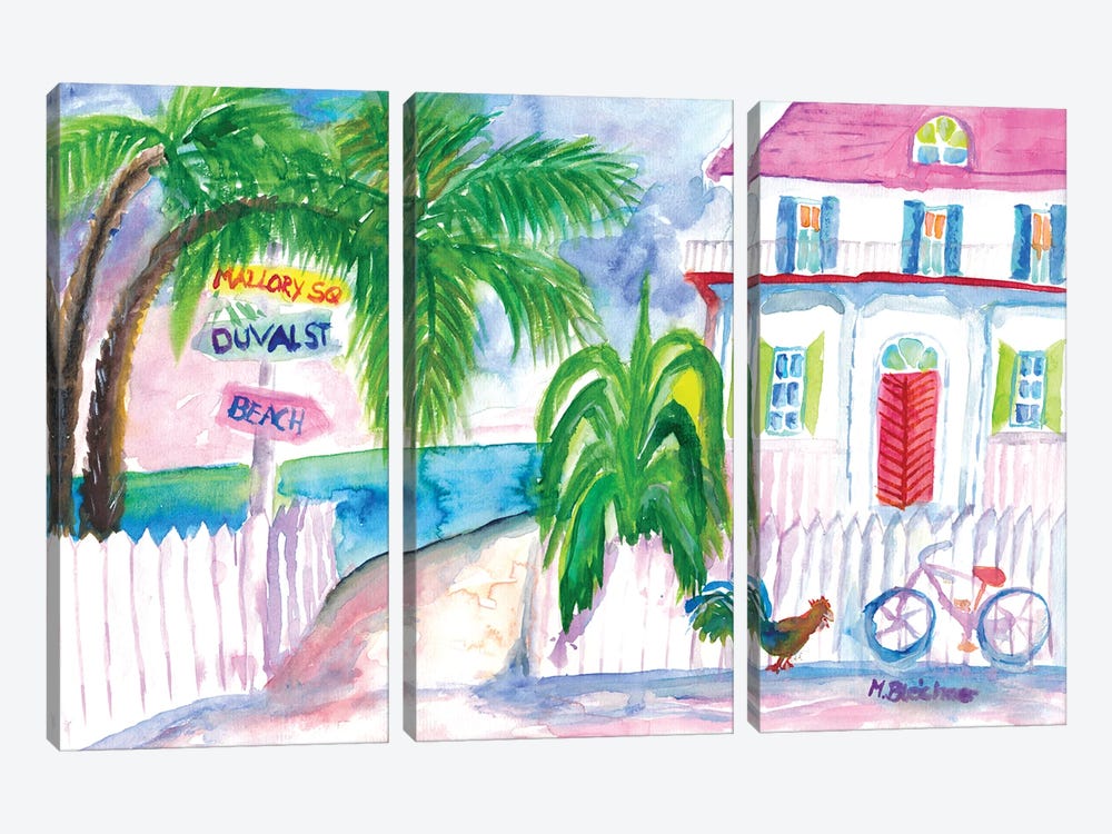 Key West Pink House And Signpost With Bike by Markus & Martina Bleichner 3-piece Canvas Artwork