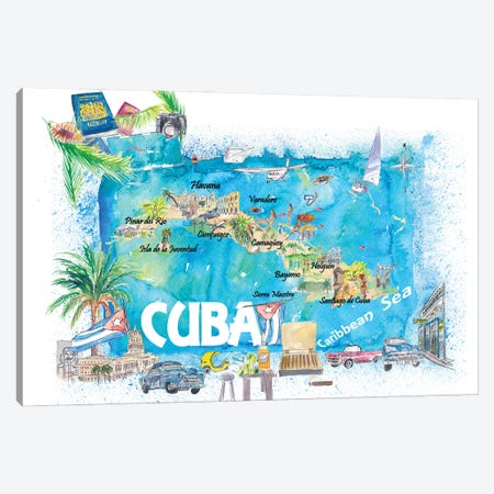 Cuba Antilles Illustrated Travel Map With Roads And Highlights Canvas Print #MMB484} by Markus & Martina Bleichner Canvas Art