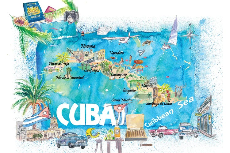 Cuba Antilles Illustrated Travel Map With Roads And Highlights