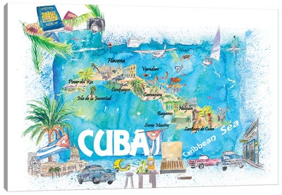 Cuba Antilles Illustrated Travel Map With Roads And Highlights Canvas Art Print - Cuba Art