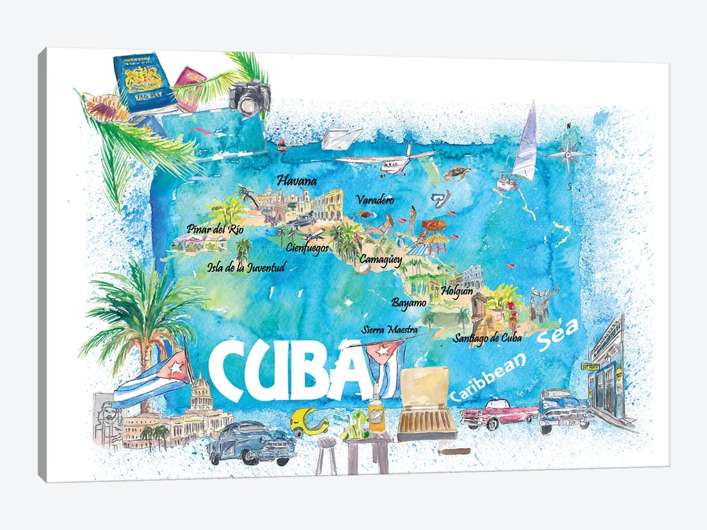 Cuba Antilles Illustrated Travel Map With Roads And Highlights by Markus & Martina Bleichner 1-piece Canvas Artwork