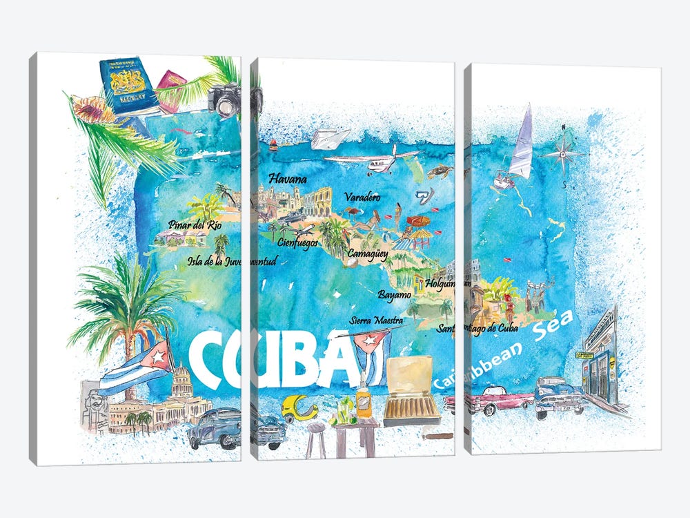 Cuba Antilles Illustrated Travel Map With Roads And Highlights by Markus & Martina Bleichner 3-piece Canvas Artwork