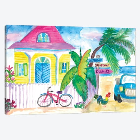 Yellow_Conch_House_Tropical_Street_Scene_With_Bike_And_Rooster Canvas Print #MMB485} by Markus & Martina Bleichner Canvas Artwork