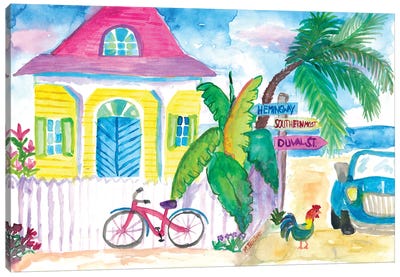 Yellow_Conch_House_Tropical_Street_Scene_With_Bike_And_Rooster Canvas Art Print - Markus & Martina Bleichner