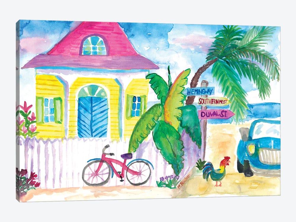 Yellow_Conch_House_Tropical_Street_Scene_With_Bike_And_Rooster by Markus & Martina Bleichner 1-piece Canvas Print
