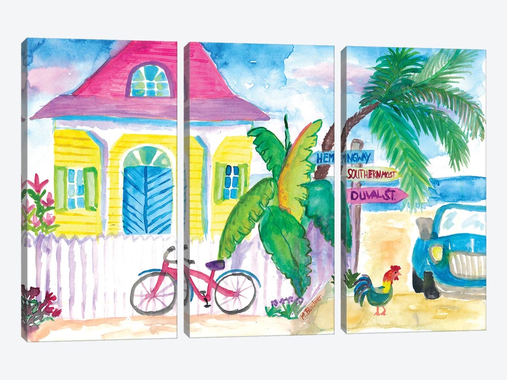 Yellow_Conch_House_Tropical_Street_Scene_With_Bike_And_Rooster by Markus & Martina Bleichner 3-piece Canvas Print