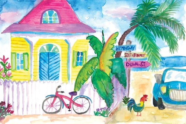 Markus & Martina Bleichner: Yellow_Conch_House_Tropical_Street_Scene_With_Bike_And_Rooster by Markus & Martina Bleichner