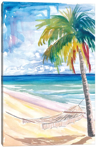 Hammock Palm Turquoise Sea At Lonely Caribbean Beach Canvas Art Print - Palm Tree Art