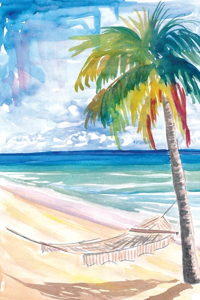 Hammock Palm Turquoise Sea At Lonely Caribbean Beach