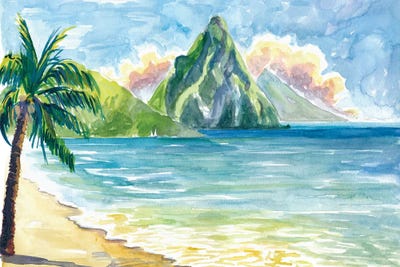 Pitons Saint Lucia With Incredible Caribbean Sunset With Soufriere Bay by Markus & Martina Bleichner art print