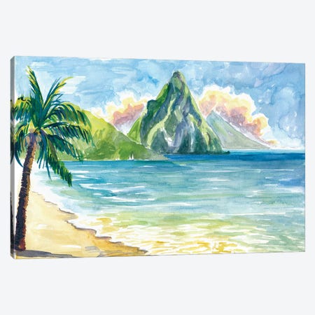 Pitons Saint Lucia With Incredible Caribbean Sunset With Soufriere Bay Canvas Print #MMB489} by Markus & Martina Bleichner Canvas Print
