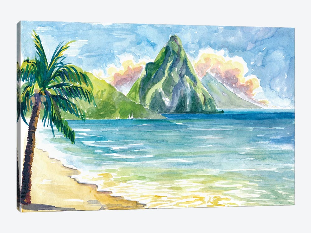 Pitons Saint Lucia With Incredible Caribbean Sunset With Soufriere Bay by Markus & Martina Bleichner 1-piece Art Print