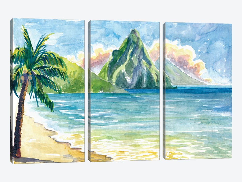 Pitons Saint Lucia With Incredible Caribbean Sunset With Soufriere Bay by Markus & Martina Bleichner 3-piece Canvas Art Print
