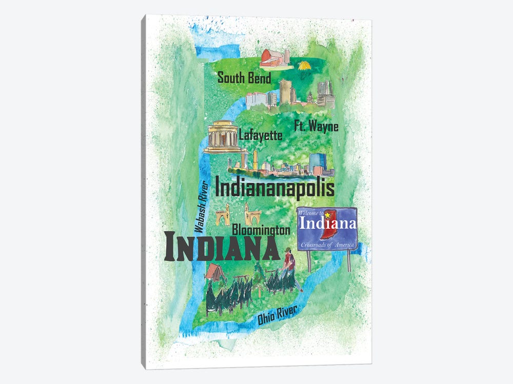 USA, Indiana Illustrated Travel Poster by Markus & Martina Bleichner 1-piece Canvas Art Print