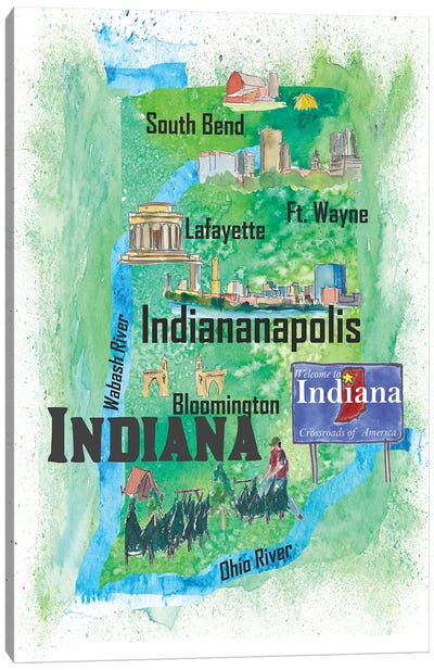 USA, Indiana Illustrated Travel Poster Canvas Art Print - Kids Map Art