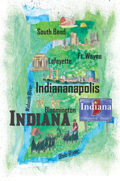 Kids Map Art: USA, Indiana Illustrated Travel Poster by Markus & Martina Bleichner