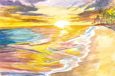 Romantic Island Sunset With Waves Palms Beach by Markus & Martina Bleichner framed canvas print