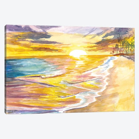 Romantic Island Sunset With Waves Palms Beach Canvas Print #MMB497} by Markus & Martina Bleichner Canvas Print