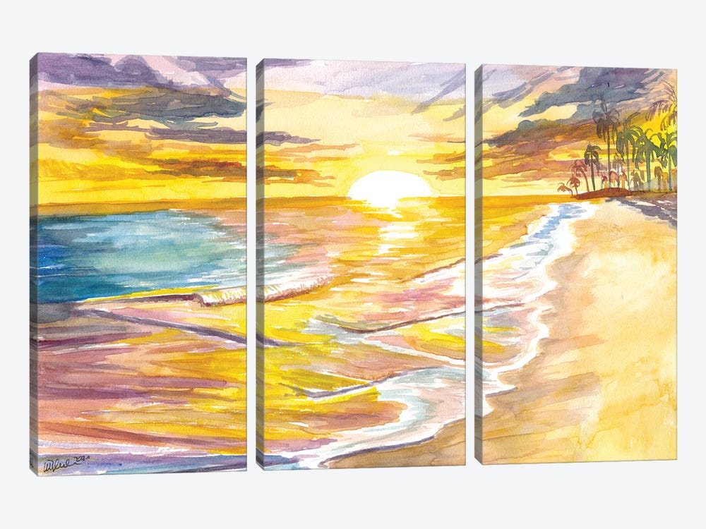 Romantic Island Sunset With Waves Palms Beach by Markus & Martina Bleichner 3-piece Canvas Artwork