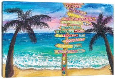 Tropical Southernmost Sunset Wanderlust Signpost In Key West Canvas Art Print - Beach Sunrise & Sunset Art
