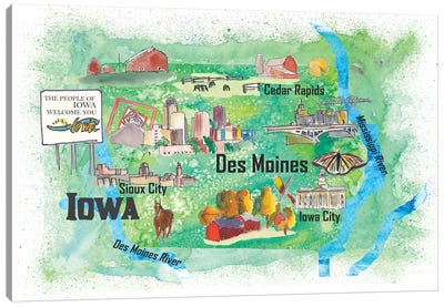 USA, Iowa Illustrated Travel Poster Canvas Art Print - Kids Map Art