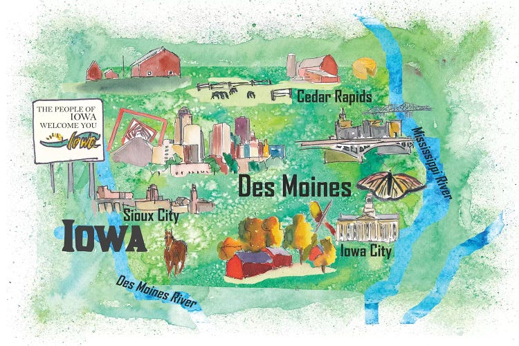 USA, Iowa Illustrated Travel Poster by Markus & Martina Bleichner wall art