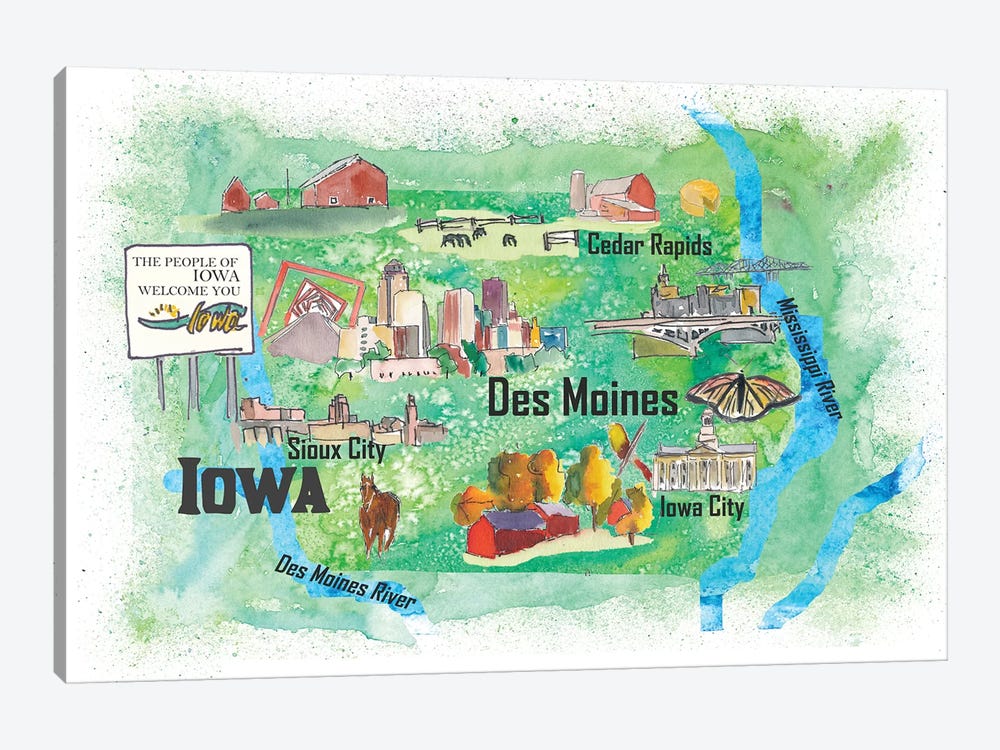 USA, Iowa Illustrated Travel Poster by Markus & Martina Bleichner 1-piece Canvas Artwork