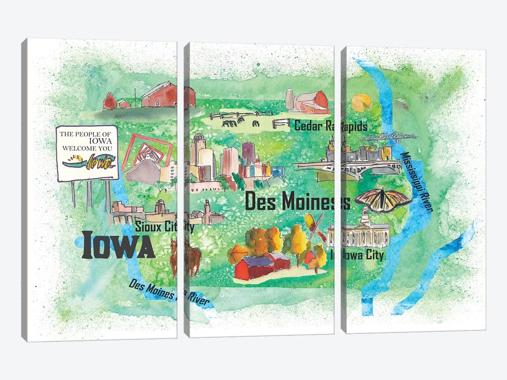 USA, Iowa Illustrated Travel Poster by Markus & Martina Bleichner 3-piece Canvas Artwork