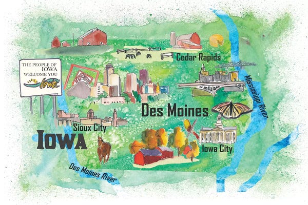 Kids Map Art: USA, Iowa Illustrated Travel Poster by Markus & Martina Bleichner