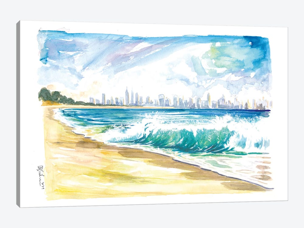 New Jersey Beach View With Breaking Waves And Manhattan Skyline by Markus & Martina Bleichner 1-piece Canvas Wall Art