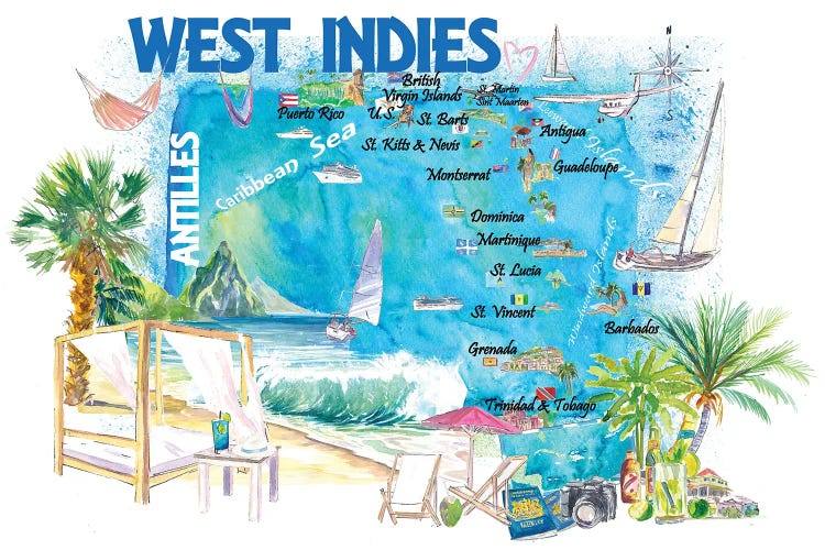 West Indies Illustrated Travel Map With Leeward And Windward Antilles