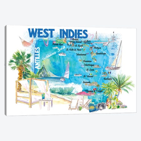 West Indies Illustrated Travel Map With Leeward And Windward Antilles Canvas Print #MMB502} by Markus & Martina Bleichner Canvas Art