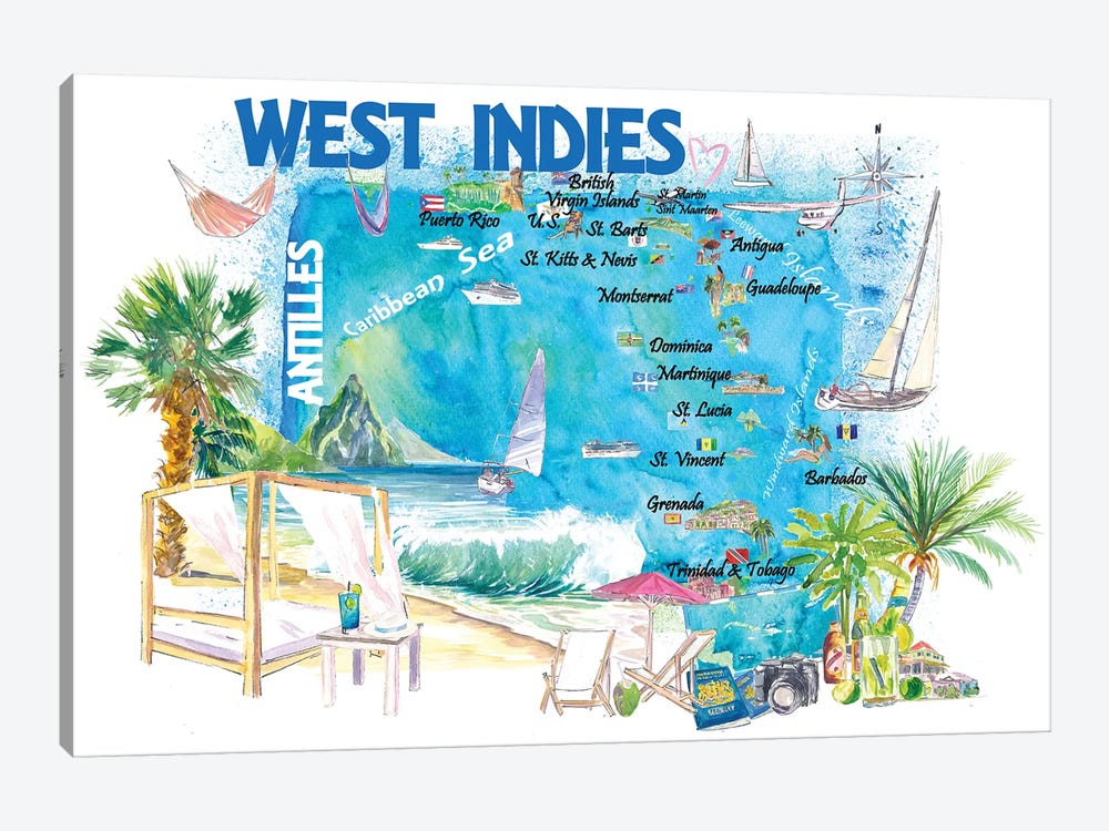 West Indies Illustrated Travel Map With Leeward And Windward Antilles by Markus & Martina Bleichner 1-piece Canvas Print