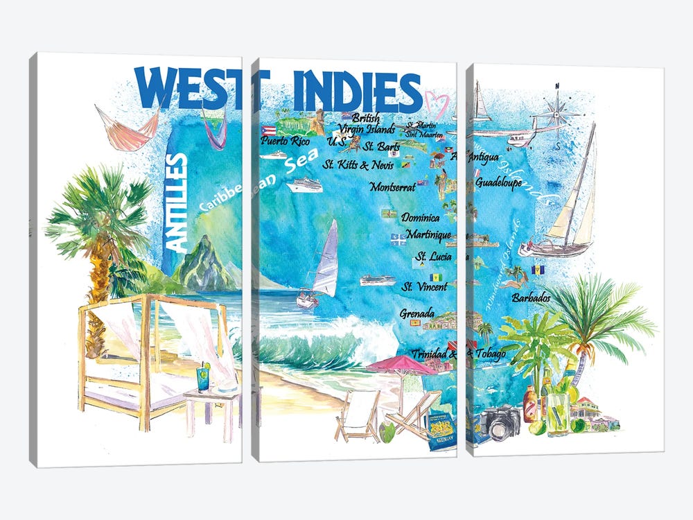 West Indies Illustrated Travel Map With Leeward And Windward Antilles by Markus & Martina Bleichner 3-piece Canvas Art Print