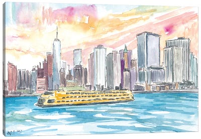 Staten Island Ferry With Manhattan Skyline Canvas Art Print - New York City Skylines