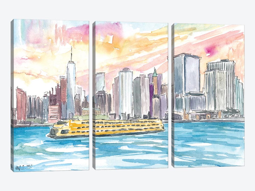 Staten Island Ferry With Manhattan Skyline by Markus & Martina Bleichner 3-piece Canvas Art