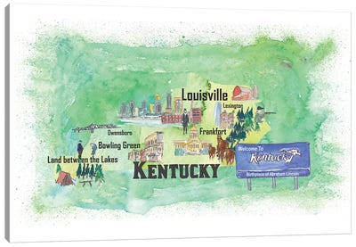 USA, Kentucky Illustrated Travel Poster Canvas Art Print - State Maps