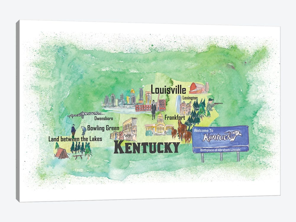 USA, Kentucky Illustrated Travel Poster by Markus & Martina Bleichner 1-piece Canvas Wall Art