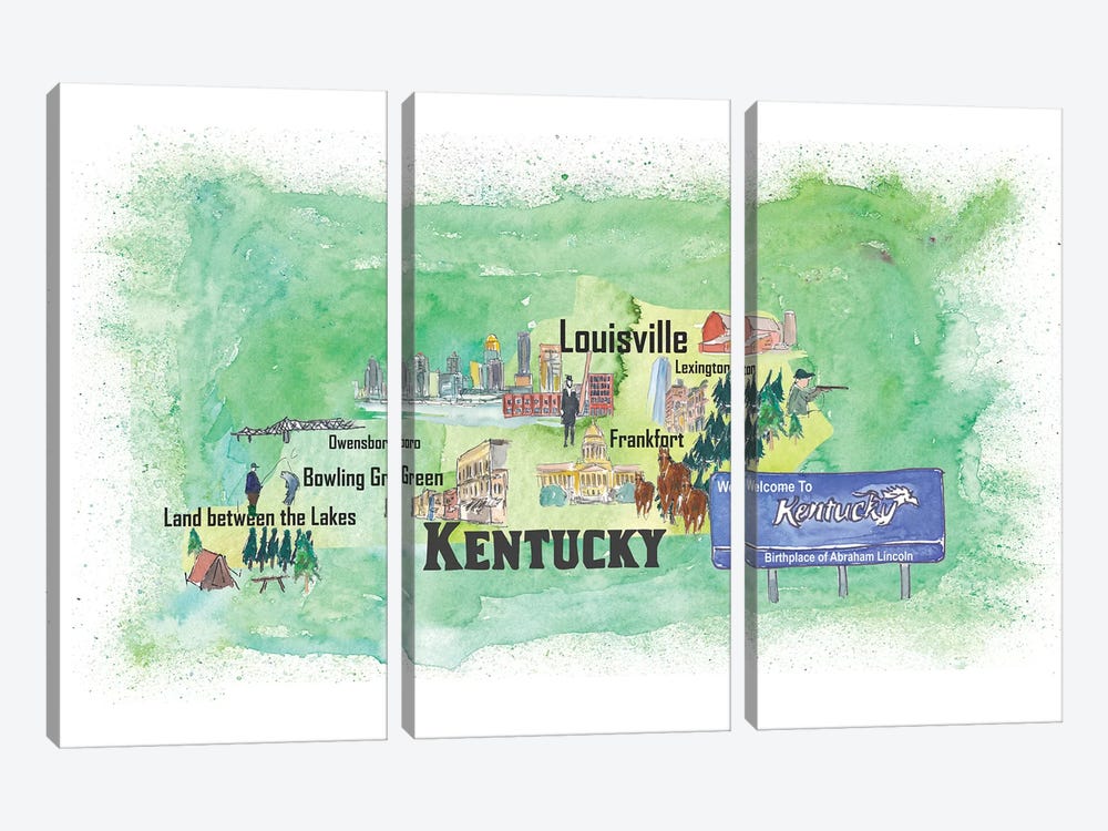 USA, Kentucky Illustrated Travel Poster by Markus & Martina Bleichner 3-piece Canvas Art