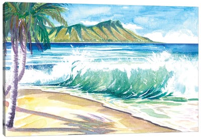 Waikiki Waves With Ocean Spray In Honolulu Hawaii Canvas Art Print - Tropical Beach Art